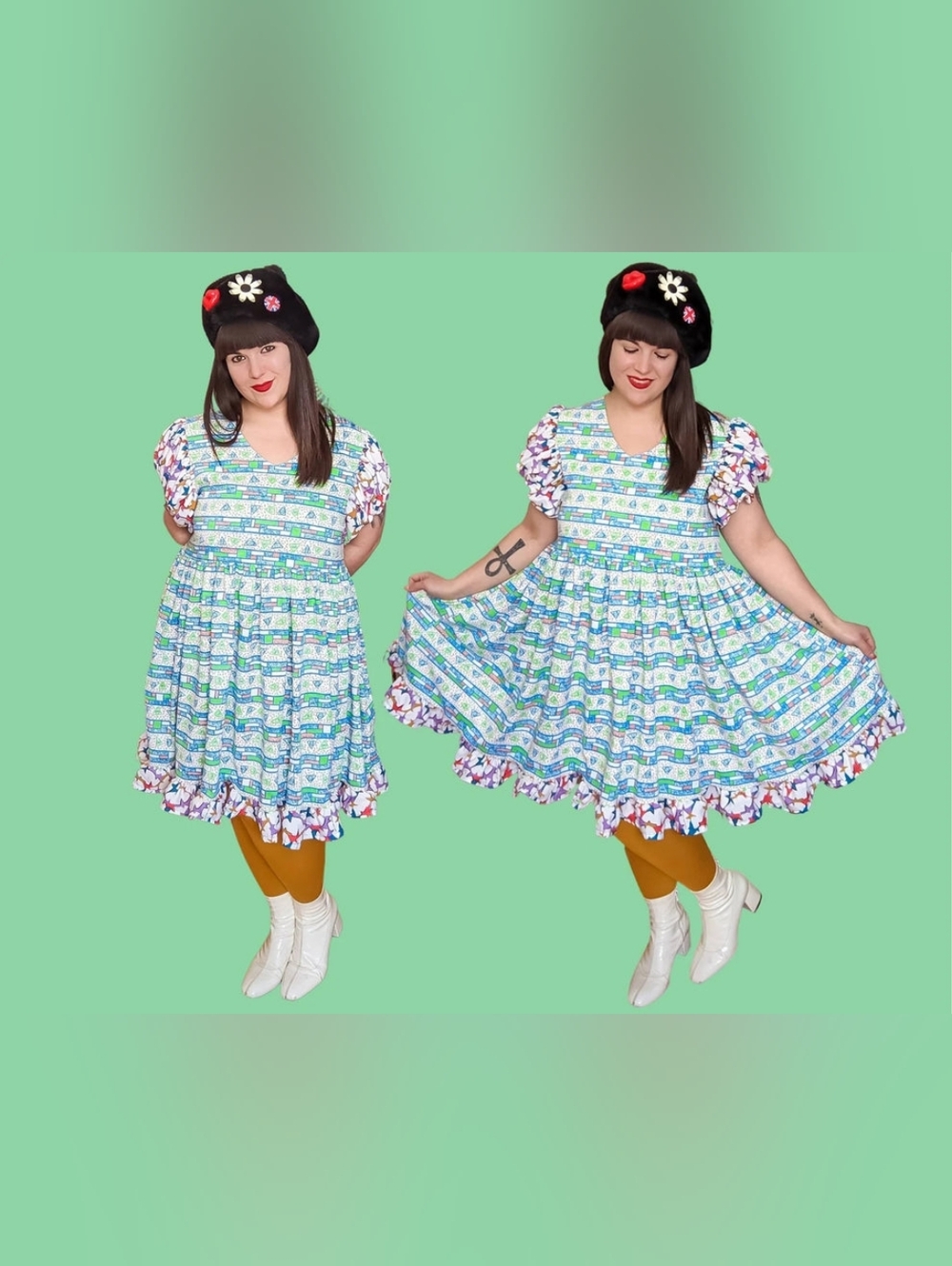 Handmade, upcycled retro, groovy patterned fabric dress Size L